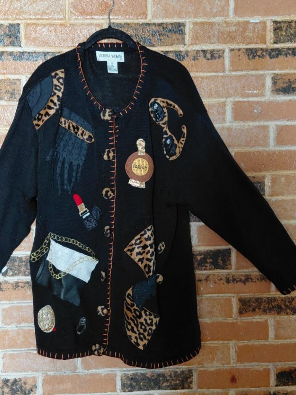 Vintage Victoria Woman Black Appliqued Cardigan